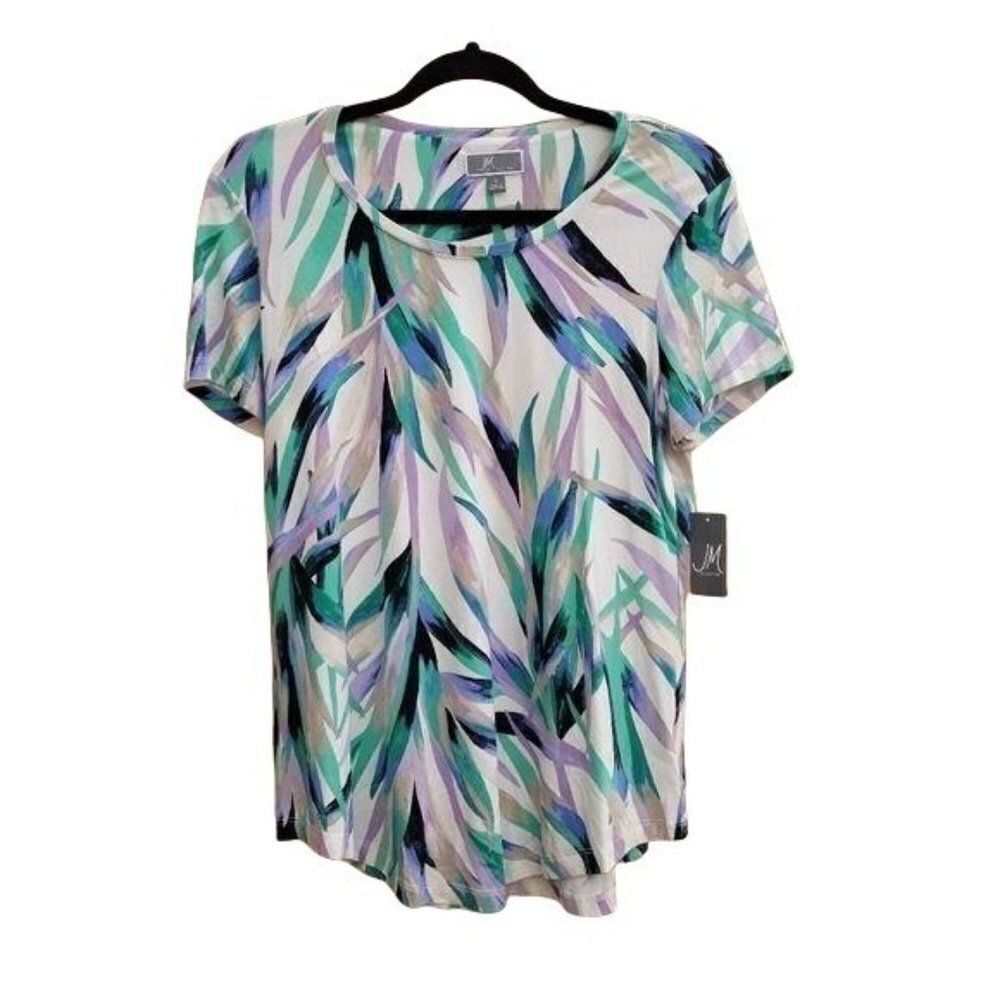 Vintage 90's JM Collection Short Sleeve Scoop Neck Palm Tropical Print Top‎ Sz S